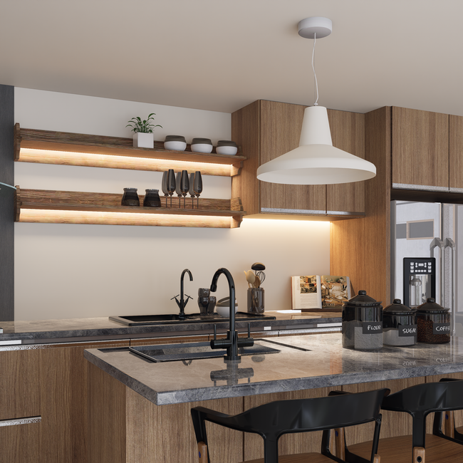 Sleek kitchen design featuring wooden cabinets, open shelves, and stylish lighting. — The Ghazi, Pexels