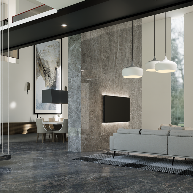 A sleek modern living room with marble features, stylish lighting, and minimalistic decor for elegant interiors. — The Ghazi, Pexels