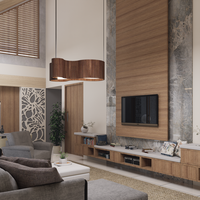 A stylish living room featuring modern and minimalist interior design elements with wooden finishes. — The Ghazi, Pexels
