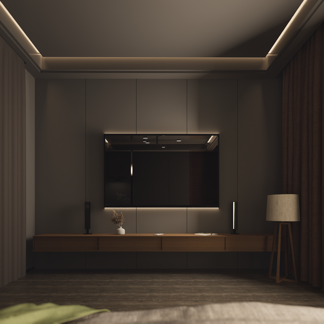 A sleek modern living room with a minimalist TV unit and ambient lighting. — The Ghazi, Pexels