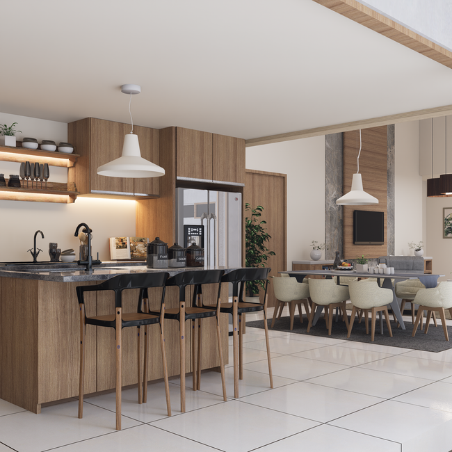 Sleek and modern open concept kitchen and dining area with wooden accents and minimalist design. — The Ghazi, Pexels