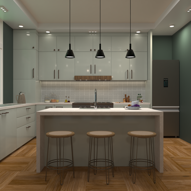 A chic, modern kitchen featuring an island, pendant lights, and a minimalist design. — Shivara Studios, Pexels