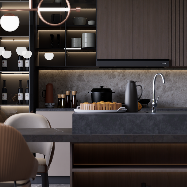 Elegant modern kitchen with marble countertop and ambient lighting in Indonesia. — Septian Dwicahya, Pexels