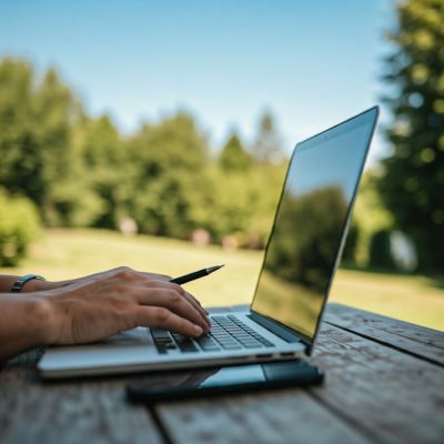 Hands typing on a laptop outdoors, capturing the essence of remote work in nature. — José Hermes Furtunato, Pexels