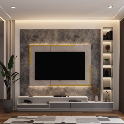 Contemporary living room with LED-lit TV wall, shelves, and decor. — The Ghazi, Pexels