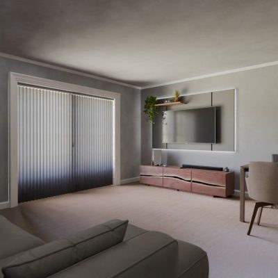 Sleek minimalist living room with TV, sofa, and natural light. — Pușcaș Adryan, Pexels