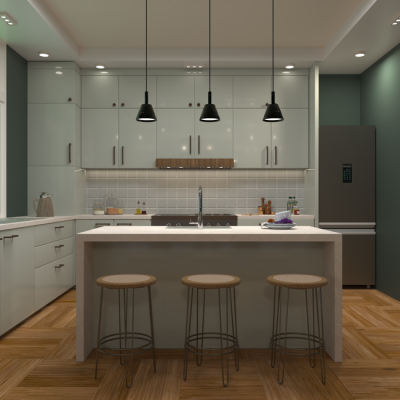 A chic, modern kitchen featuring an island, pendant lights, and a minimalist design. — Shivara Studios, Pexels