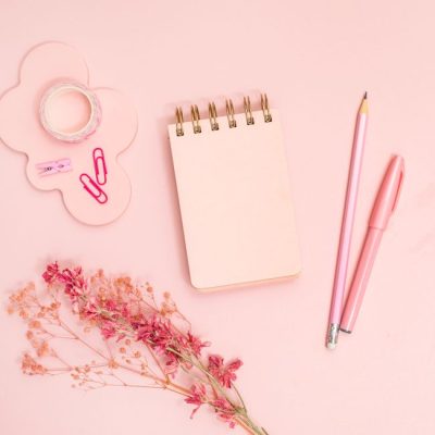 Flat lay of pink office supplies including a notebook, pen, and dried flowers on a desk. — Jilly Noble, Pexels