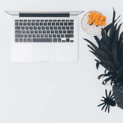 Modern minimalistic desk setup featuring a laptop, pot plant, black pineapple, and decorative spider. — Pineapple Supply Co., Pexels
