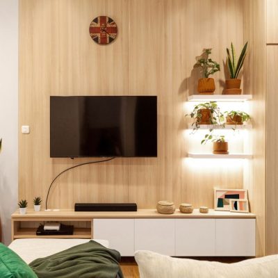 Cozy living room featuring a wall-mounted TV, wooden shelves, and potted plants. — Hakim  Santoso, Pexels