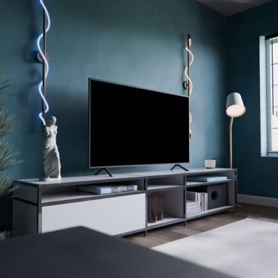Stylish contemporary living room with TV, sculpture, and modern lighting design. — Pușcaș Adryan, Pexels